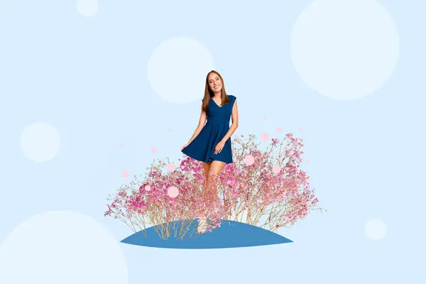 スケッチアートワークトレンド複合画像3Dコラージュ写真青いドレスの魅力的な笑顔の若い女性が春の乾燥した花の間にポーズ — ストック写真