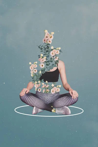 縦の写真コラージュ 座っている若いヘッドレスガールスポーツウェア 精神的な調和の花の花の美しさのデッサンの背景 — ストック写真