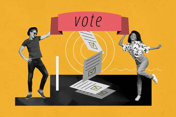 Colagem Pinup Pop Retro Sketch Imagem Animado Engraçado Casal Votando — Fotografia de Stock