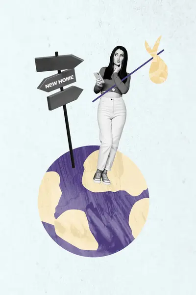 Verticale Collage Poster Foto Jong Meisje Reiziger Tas Vluchteling Planeet — Stockfoto