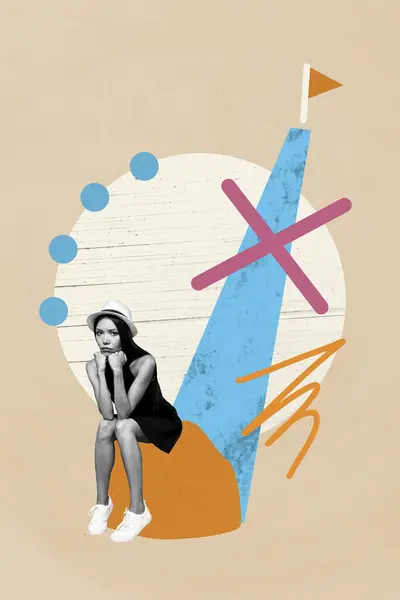 Вертикальный Креативный Плакат Коллажа Молодая Девушка Сидит Депрессия Печаль Блок — стоковое фото
