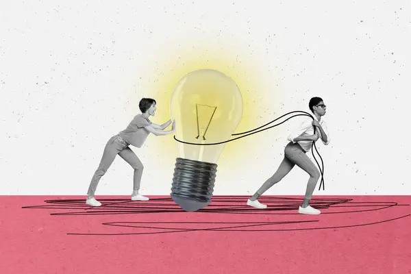 Kreative Banner Collage Zwei Frauen Tragen Glühbirne Elektrische Lampe Idee — Stockfoto