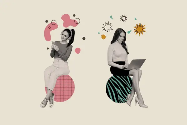 Trend Artwork Composite Skizze Collage Von Zwei Jungen Damen Sitzen — Stockfoto