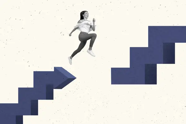 Colagem Criativa Jovem Saltando Menina Persistente Determinado Realização Alvo Superar — Fotografia de Stock