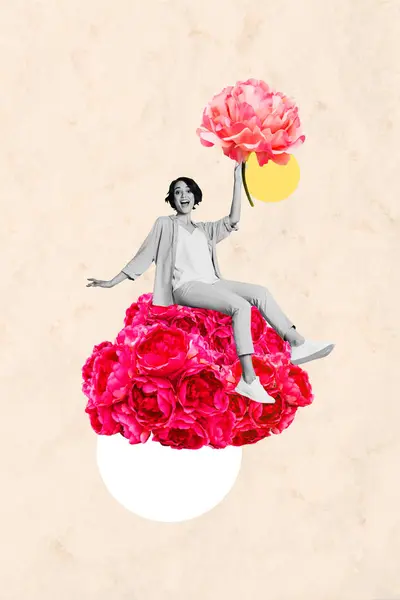 縦のコラージュ画像 若い幸せなケアフリー陽気な少女 行進のお祝い 夢の花 美しい花 フローラ — ストック写真