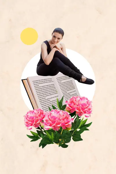 Dikey Resim Kolajı Oturan Genç Balerin Kitap Okuyucusu Taze Çiçekleri — Stok fotoğraf