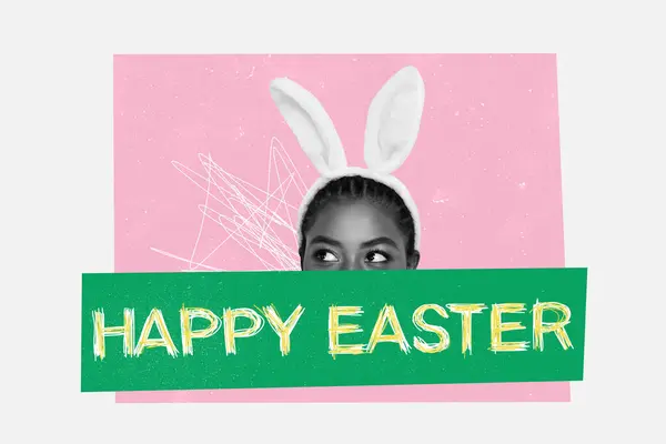 Creative Photo Collage Happy American Girl Bunny Ears Happy Easter — Stock Photo, Image