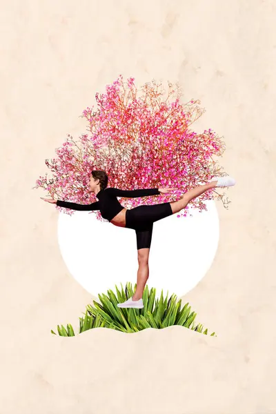 Vertikalt Collage Stående Ett Ben Balansera Passform Ballerina Flicka Gymnast — Stockfoto