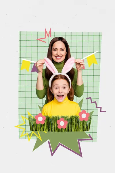 Colagem Arte Cartão Postal Meninas Encantadoras Alegres Mãe Filha Desfrutar — Fotografia de Stock