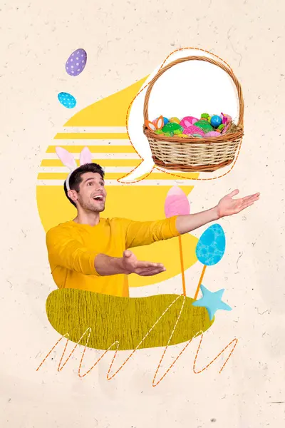 Picture Collage Cheerful Man Catch Basket Traditional Food Happy Easter — Stock Photo, Image