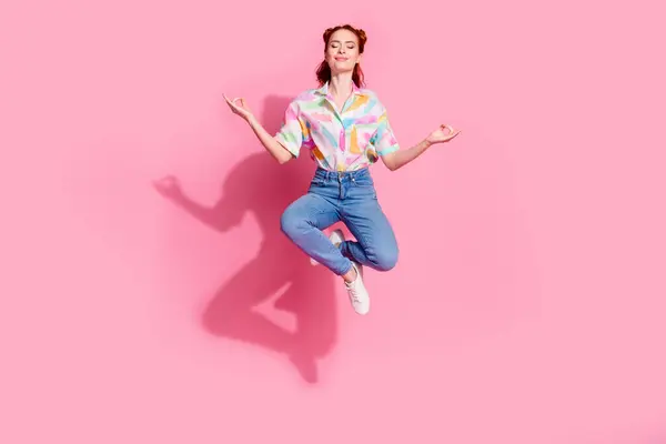 Full Length Photo Inspired Girlfriend Redhair Young Lady Jumping Balance — Stock Photo, Image