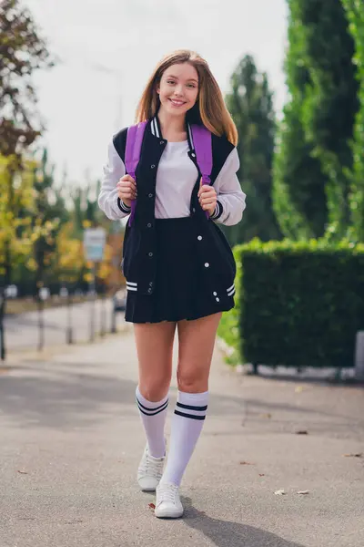 Full Length Vertical Photo Lovely Teenager Lady Walking Schoolgirl Wear — Stock Photo, Image