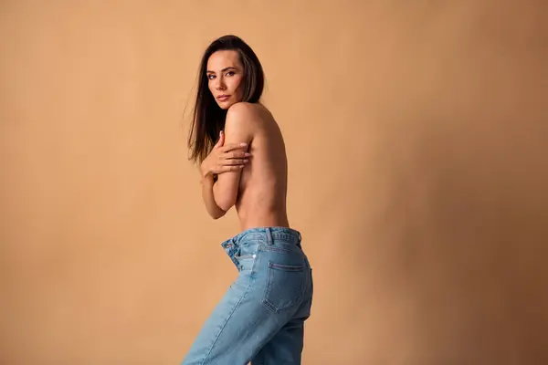 Unretouched Photo Girl Wear Oversize Denim Cover Breast Feel Shy — Stock Photo, Image