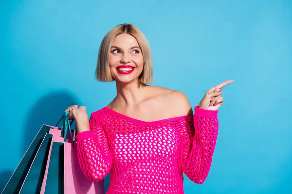 Photo Portrait Lovely Young Lady Shopping Bags Point Empty Space — Stock Photo, Image
