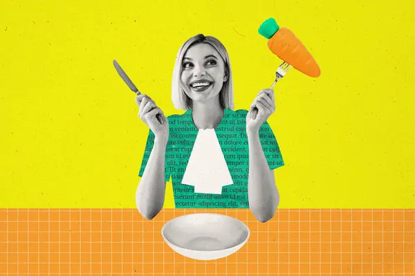 Foto Collage Foto Zitten Jong Blij Enthousiast Vrolijk Meisje Diner — Stockfoto
