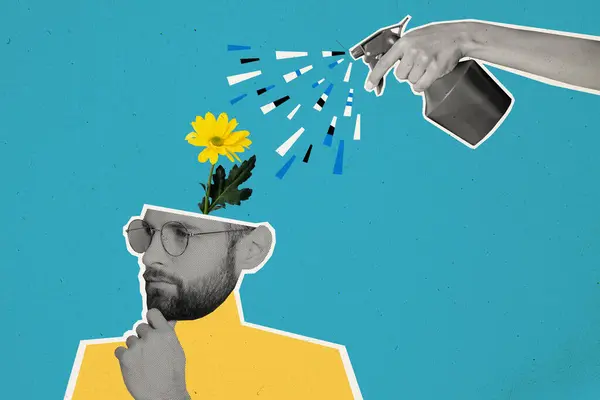 Collage Imagen Del Hombre Mente Regar Flores Que Crecen Cabeza —  Fotos de Stock