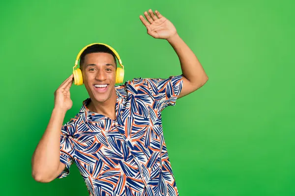 Photo Positive Cheerful Man Clubber Wear Trendy Print Clothes Have — Stock Photo, Image