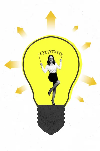 Вертикальная Графика Коллаж Изображения Девушки Предпринимателя Лампочки Новая Идея Стратегии — стоковое фото