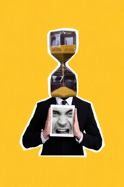 Vertical Photo Collage Man Suit Instead Head Hourglass Hands Face — Stock Photo, Image