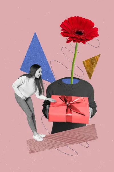 Collage Cartel Alegre Feliz Mujer Recibir Regalo Celebrar San Valentín — Foto de Stock