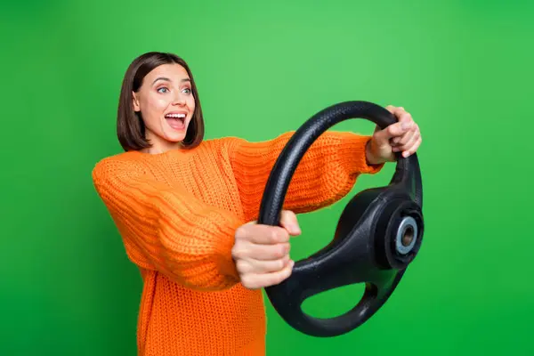 Profile Portrait Astonished Crazy Person Arms Hold Wheel Look Empty — Stock Photo, Image