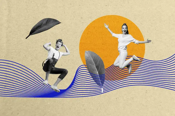 面白いカップルのジャンプの創造的な傾向のコラージュは夏休みの水波を楽しみます自然の掲示板漫画を最低にします — ストック写真