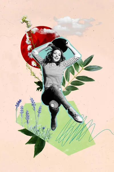 Collage Poster Bild Von Positiven Fröhlich Nettes Mädchen Fliegen Luft — Stockfoto