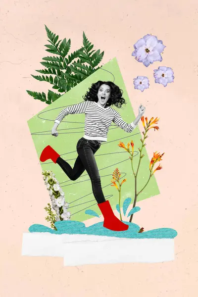 Kolaż Obraz Funky Szalony Wesoły Dziewczyna Spiesząc Zakupy Wiosna Sezonowa — Zdjęcie stockowe