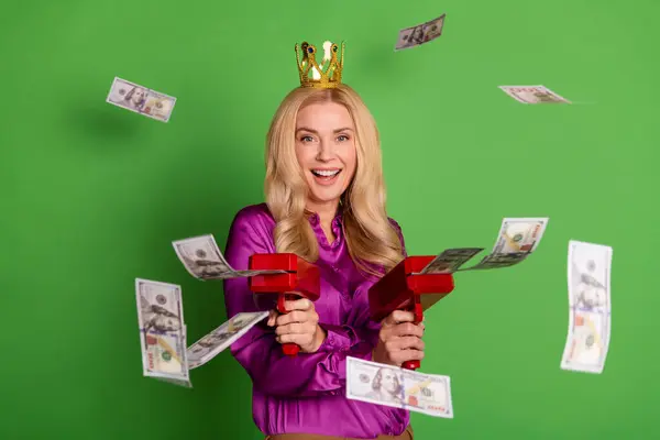 Photo Excited Stunning Lady Golden Crown Shoot Dollar Bills Money — Stock Photo, Image