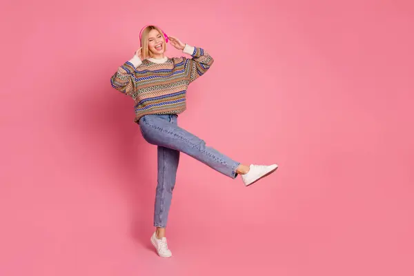 Full Size Photo Optimistic Girl Wear Ornament Sweater Jeans Touch — Stock Photo, Image