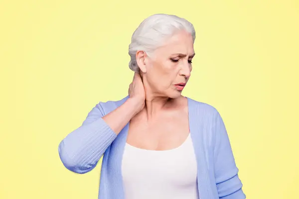 Gray Haired Old Beautiful Caucasian Woman Wearing Casual Suffering Neck — Stock Photo, Image