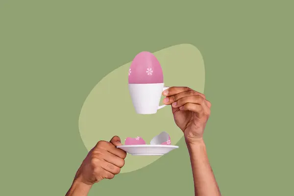 Creative poster collage of hands hold tea coffee cup egg beverage easter concept weird freak bizarre unusual fantasy billboard.