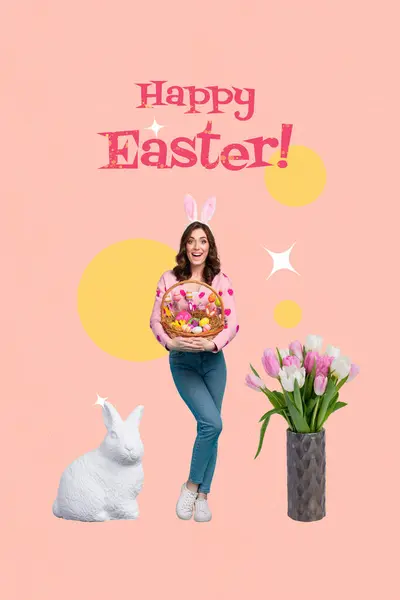 可爱女孩的垂直创意拼贴形象收集鸡蛋篮兔子耳朵向东概念广告牌Zine极小 — 图库照片