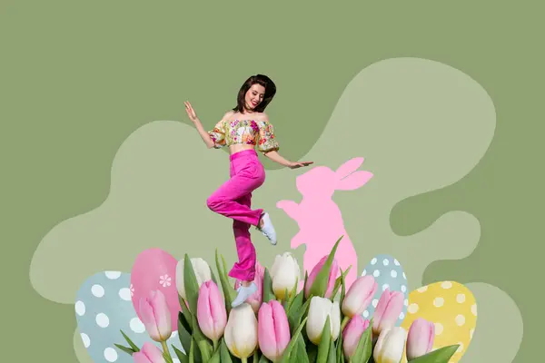Kreatywny Abstrakcyjny Szablon Kolaż Zabawny Atrakcyjny Dziewczyna Zabawy Królik Kwiaty — Zdjęcie stockowe