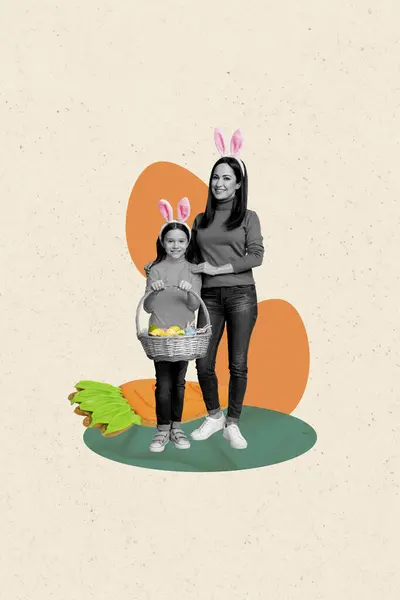 Vertical Creative Collage Cute Family Mother Daughter Hold Eggs Basket — Stock Photo, Image
