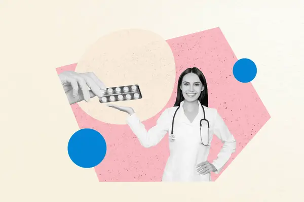 Imagen Collage Compuesto Medicina Médica Femenina Tomar Píldoras Farmacia Cura — Foto de Stock