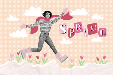 Creative composite photo postcard collage of overjoyed nice girl wear warm clothes walk outdoors in spring isolated on painted background. clipart