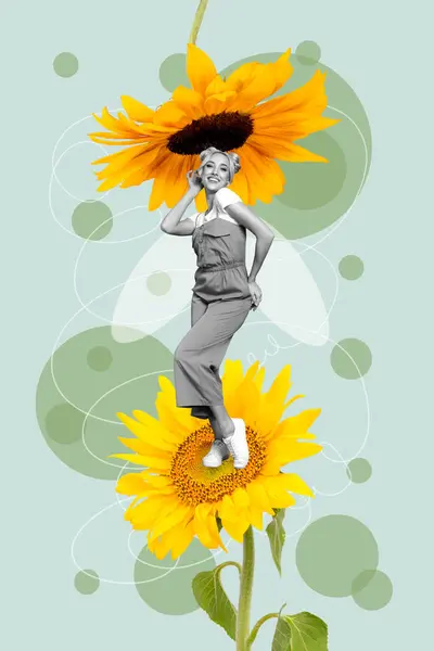 3D photo collage trend artwork sketch surreal image of black white silhouette young cute lady dance between huge sunflowers spring season.