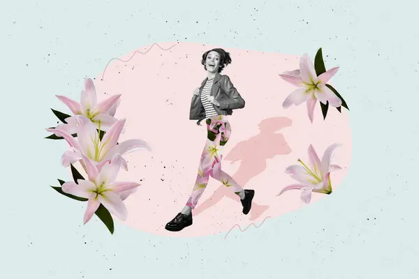 兴奋的年轻女子在户外跑得很快的复合图像拼贴春天温暖的空气百合花隔离在彩绘的背景下 — 图库照片