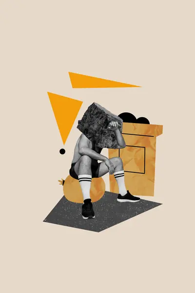Cuadro Collage Boceto Extraño Desconocido Personaje Piedra Cabeza Trabajo Duro — Foto de Stock