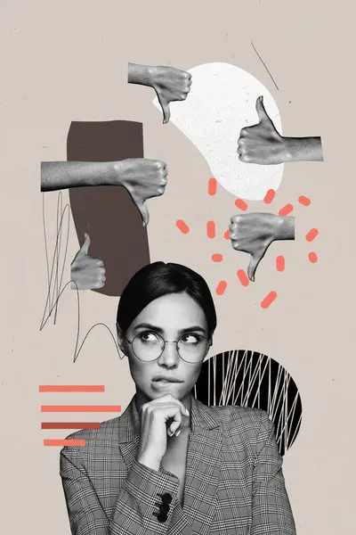Pionowe Kreatywne Kolaż Obraz Młody Atrakcyjny Kobieta Przedsiębiorca Szef Myśli — Zdjęcie stockowe