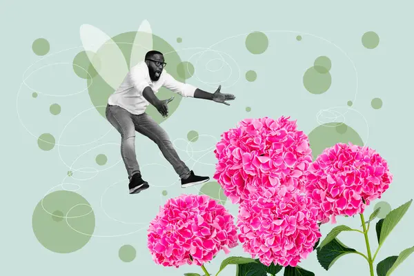 Composite sketch surreal collage of black white silhouette funny boyfried fly away from gift bouquet Hydrangea flower spring holiday.