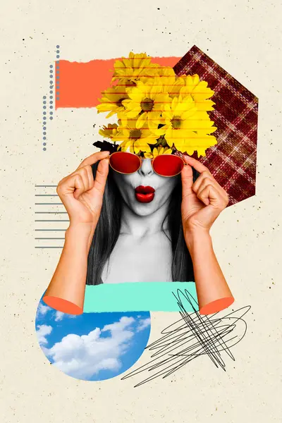 Creative artwork collage of charming lady daisy flowers on head lady pouted lips flirty touching sunglass isolated on beige background.
