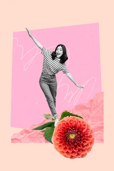 Sketch image trend artwork 3D photo collage of black white young lady keep balance on huge sunflower international woman day 8 march.