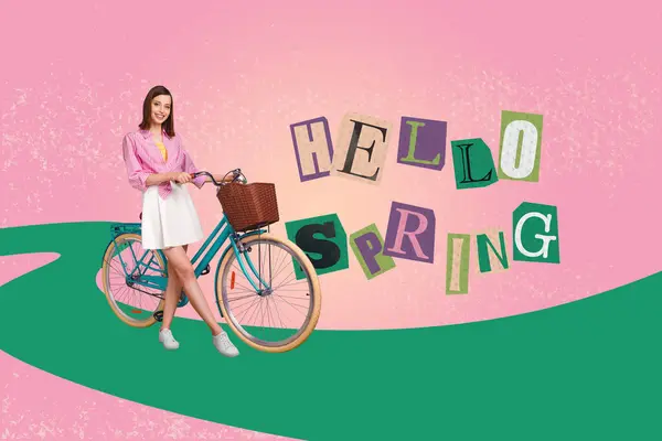 Full size photo collage of smile beautiful girl hold bicycle vehicle road outdoors spring warm atmosphere isolated on painting background.