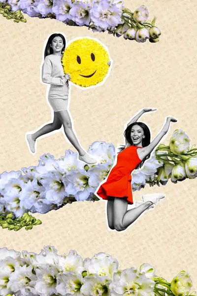 若い幸せな2人の女の子の姉妹の垂直画像コラージュ スマイリーギフトの花は 絵画の背景に隔離された春の短いドレスをジャンプ — ストック写真