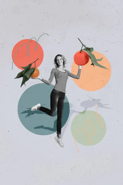 Kreative Vertikale Poster Junge Mädchen Halten Zwei Orangen Auswählen Hand — Stockfoto