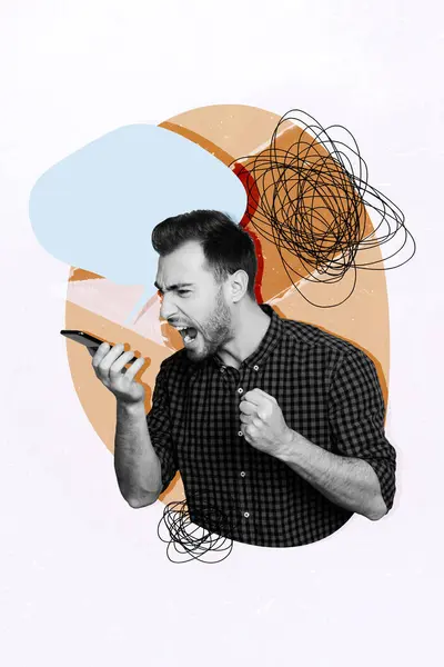 Colaj Imagine Verticală Tânăr Vorbește Telefon Agresiv Strigăt Conflict Abuziv — Fotografie, imagine de stoc