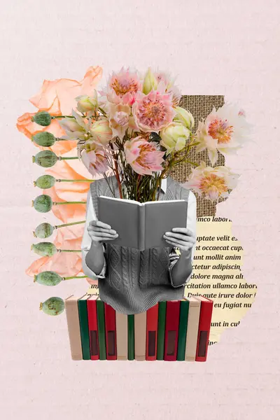 Творчий Вертикальний Художній Колаж Голови Жінки Читає Бібліотеку Енциклопедії Квітів — стокове фото