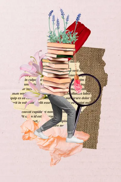 Creative Collage Illustration Pile Books Instead Head Nerd Preparing Exams — Stock Photo, Image